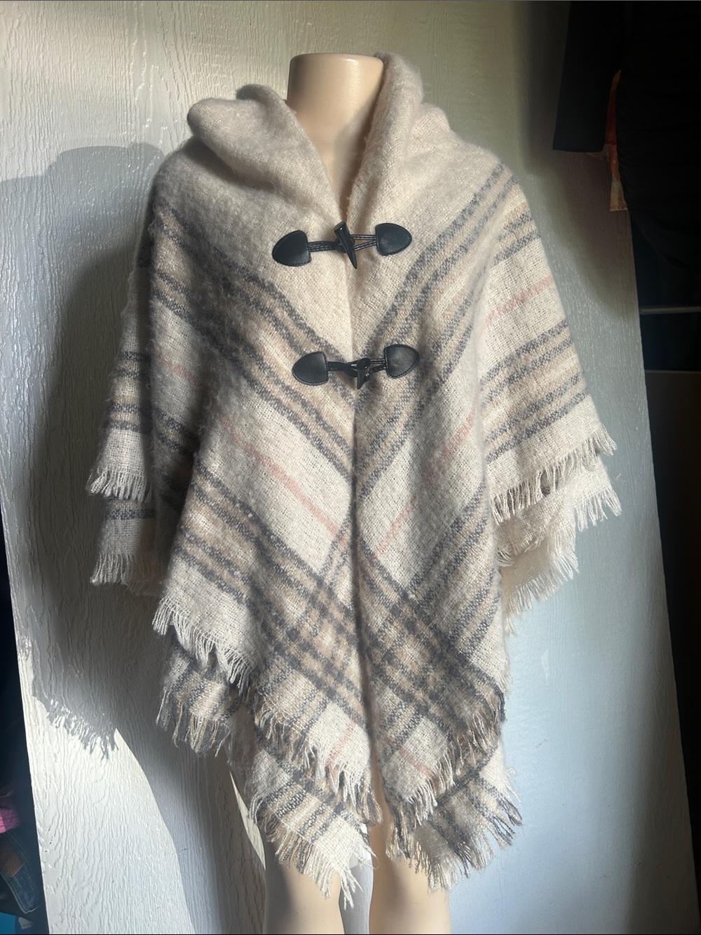 St. John's Bay Cream Plaid Toggle Poncho
